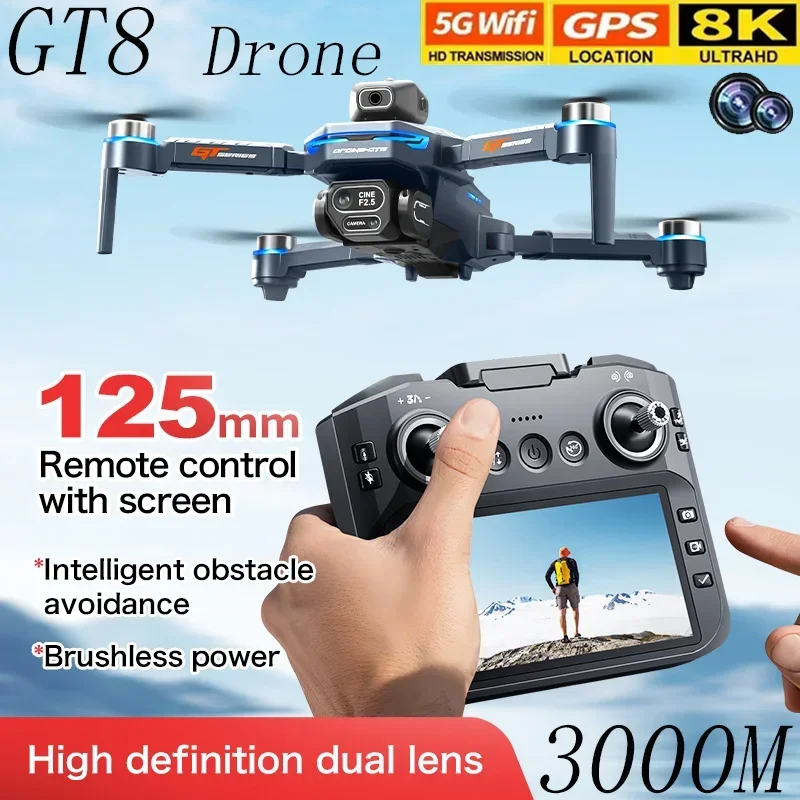 Drone Camera Professional - GT8ドローン障害物回避ベルト4.3インチスクリーンブラシレス2.4Gオプティカルフロー8K HDデュアルカメラ折りたたみ式FPVクアッドコプター航空機